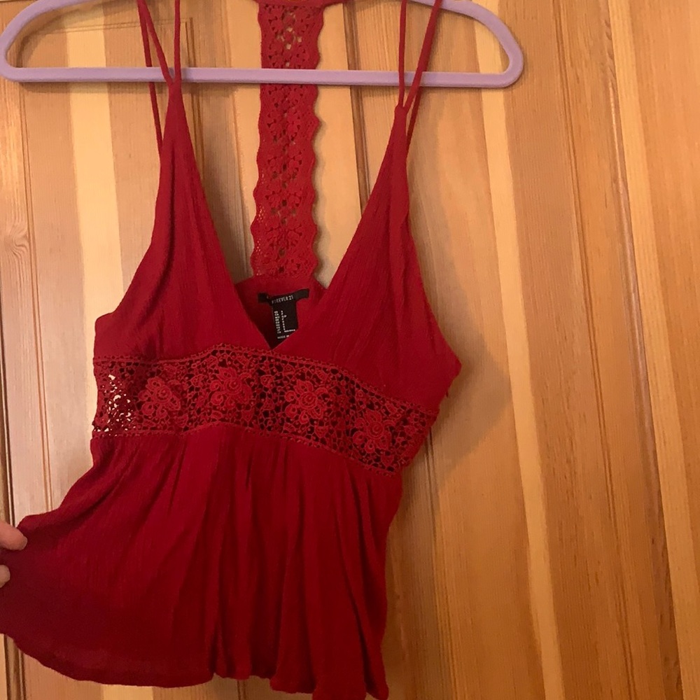 Forever 21 red spaghetti strap tank top with crochet detail. Size small